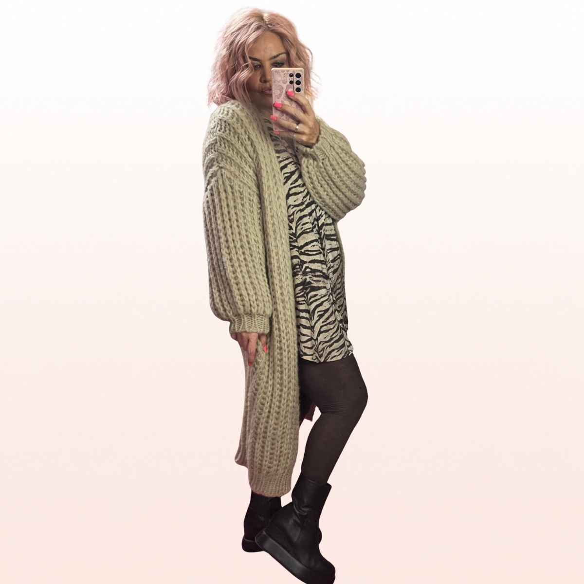 Long Grobstrick Cardigan Beige