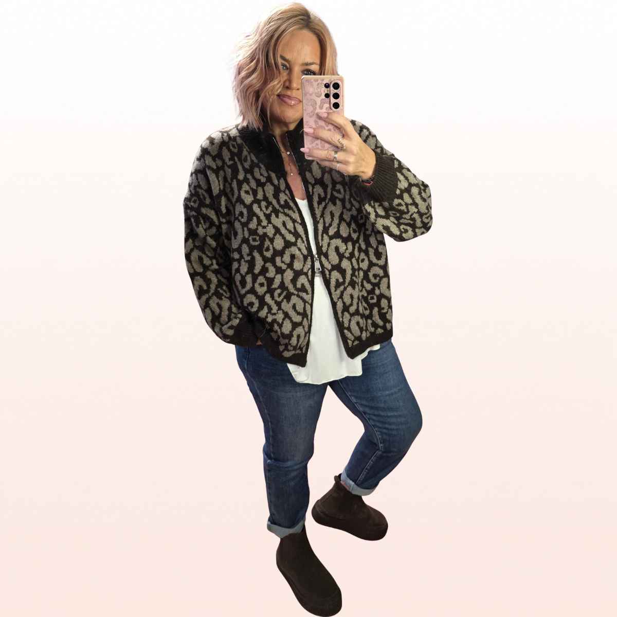 Strickjacke Leo Zipper Schoko-Taupe