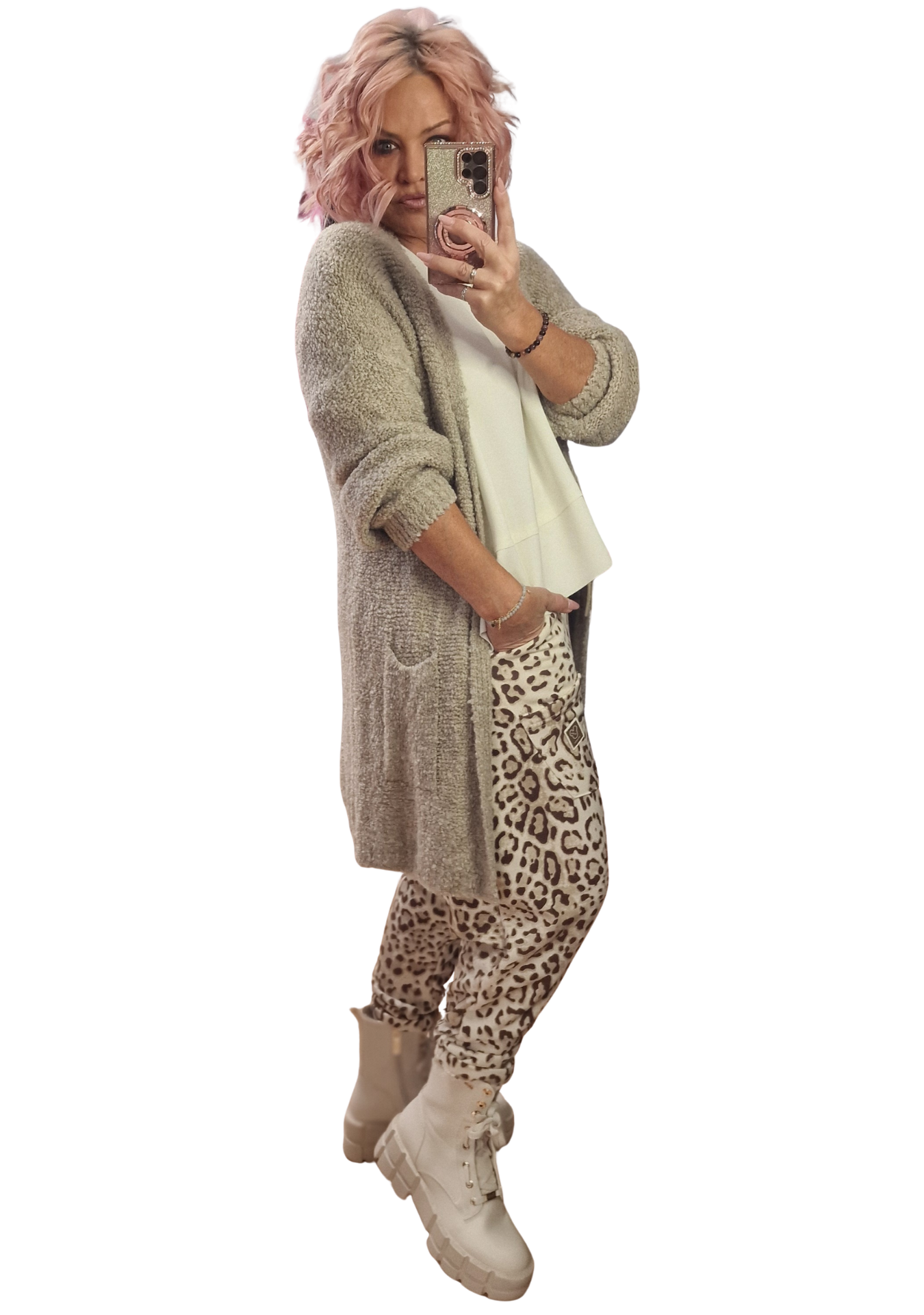 Bouclé Strickjacke – Beige & Schoko 