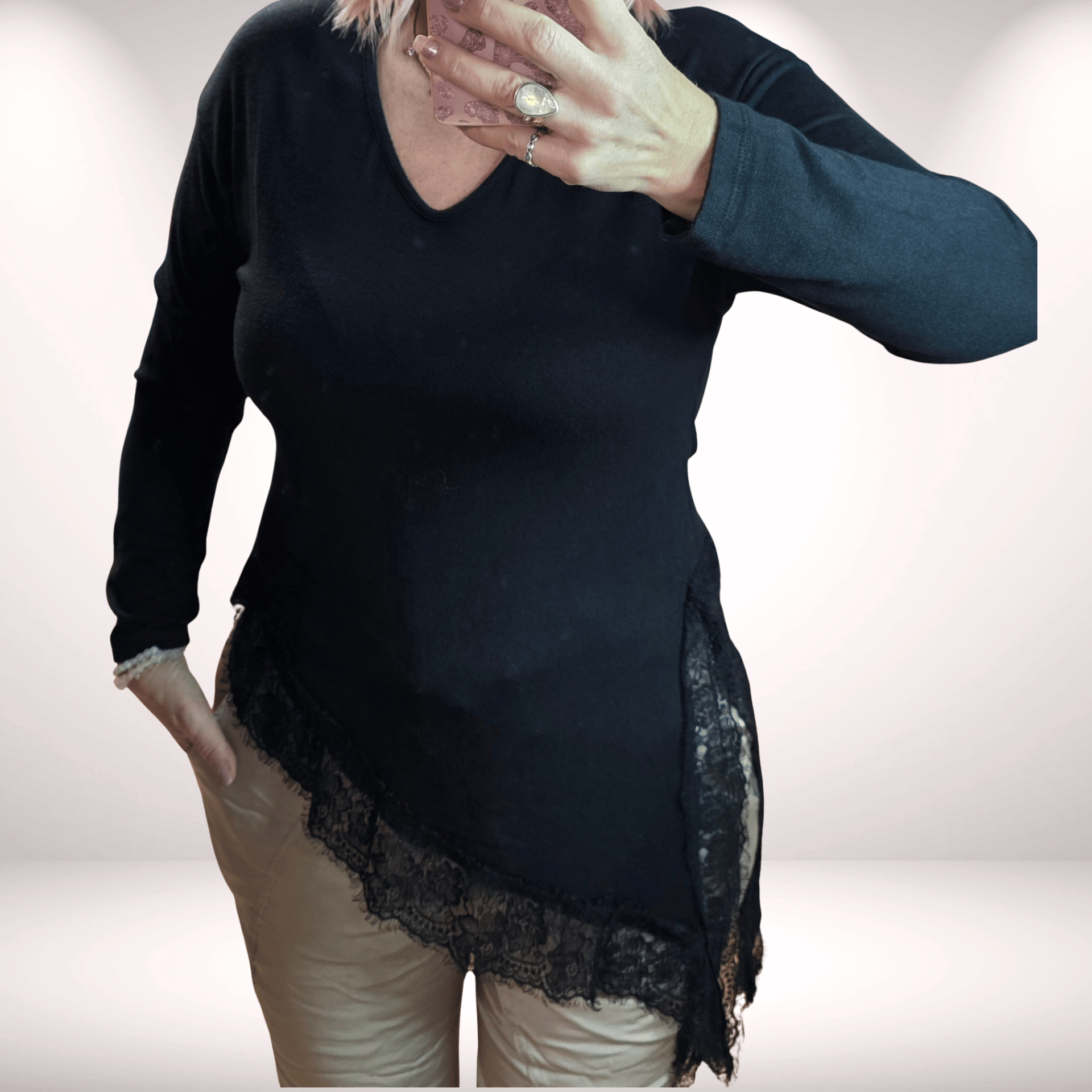 Asymmetrisches Shirt Schwarz Spitze