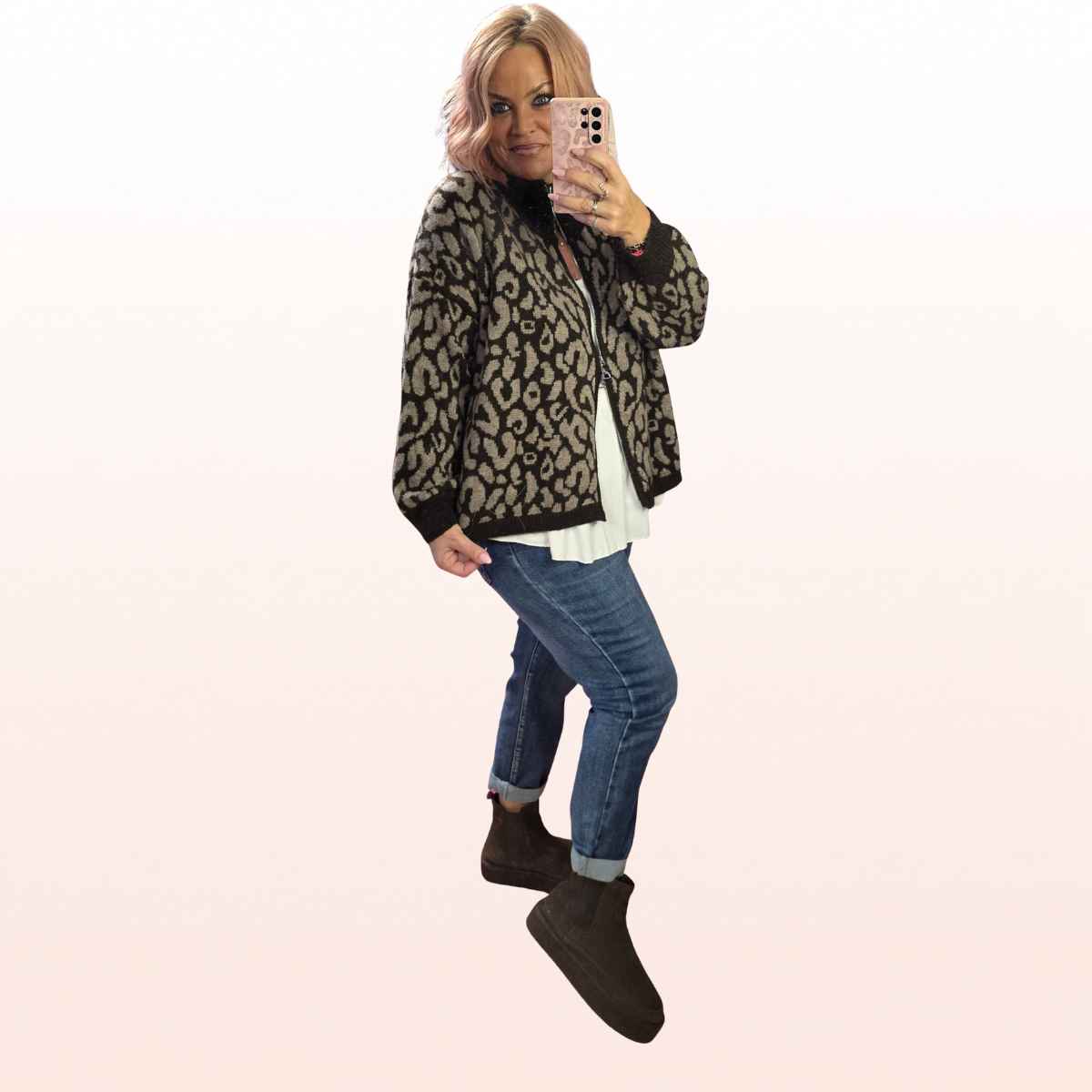 Strickjacke Leo Zipper Schoko-Taupe