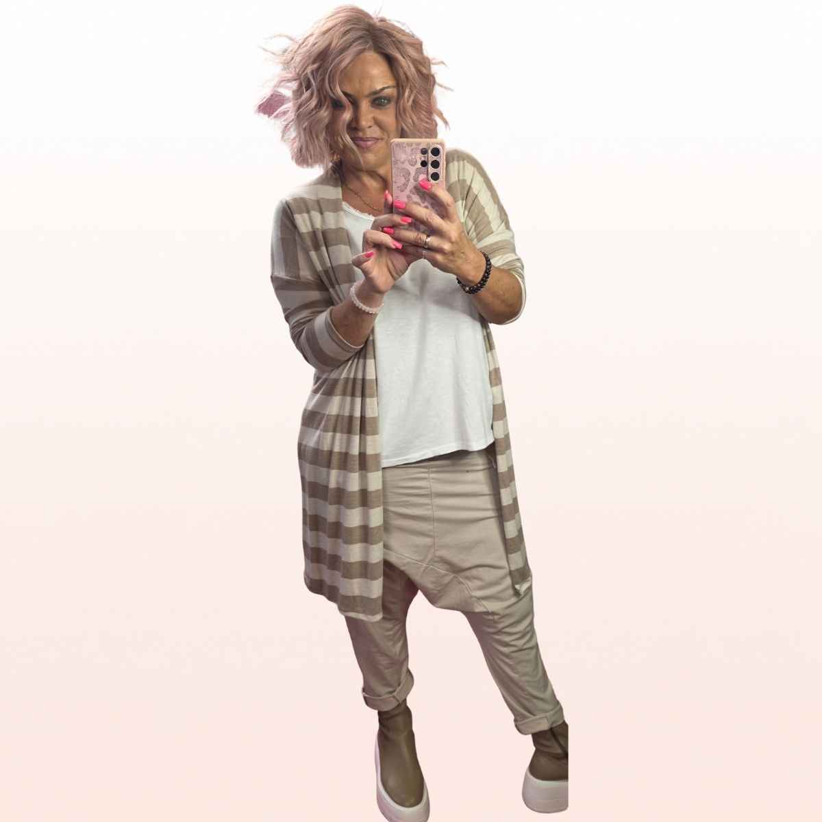 Cardigan Feinstrick Creme beige mit Stripes