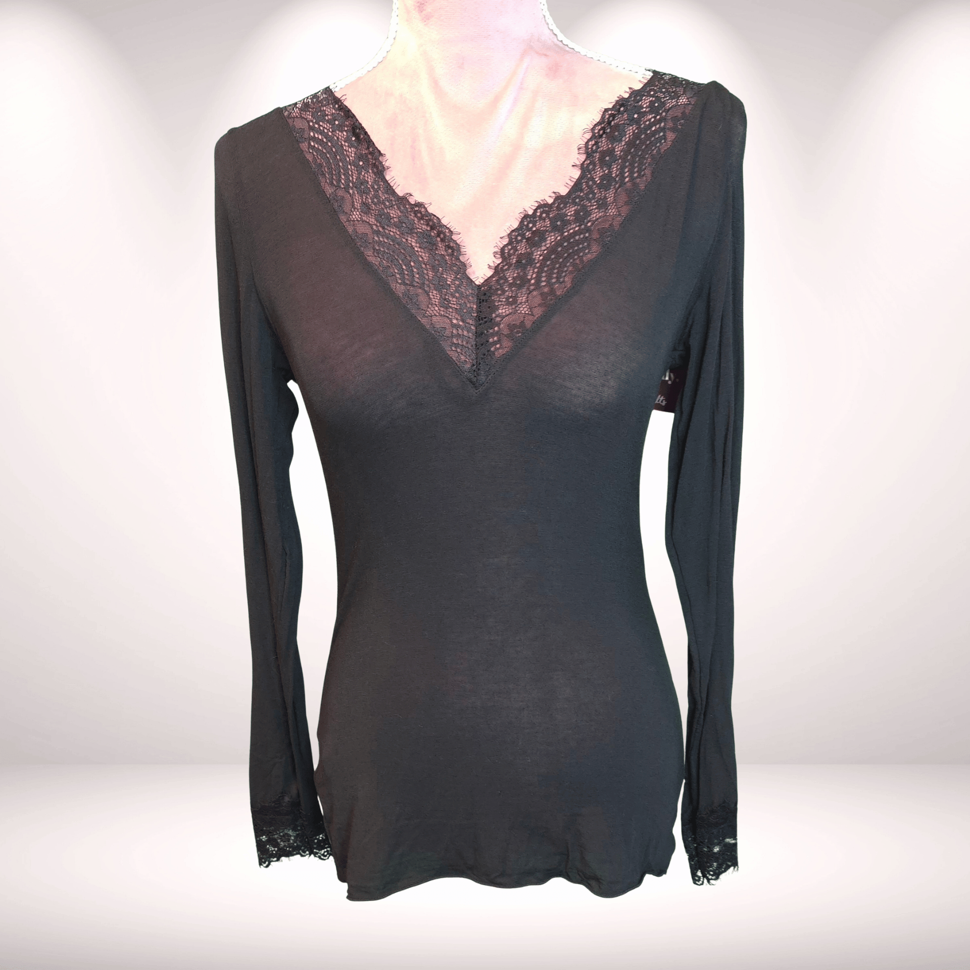 Longsleeve Cashmere mit Spitze - schwarz 