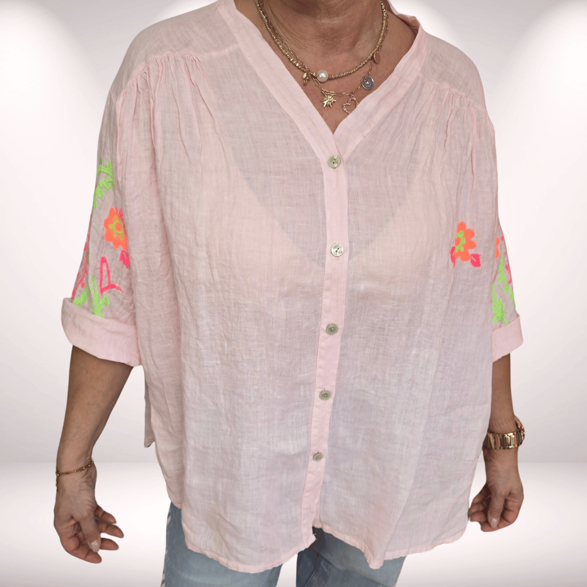Boho Leinenbluse – mit Neonstickerei - rosa