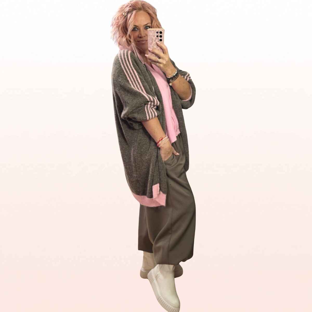Oversize Strickjacke Stripes Taupe-Rosa – sportlicher Zip-Cardigan
